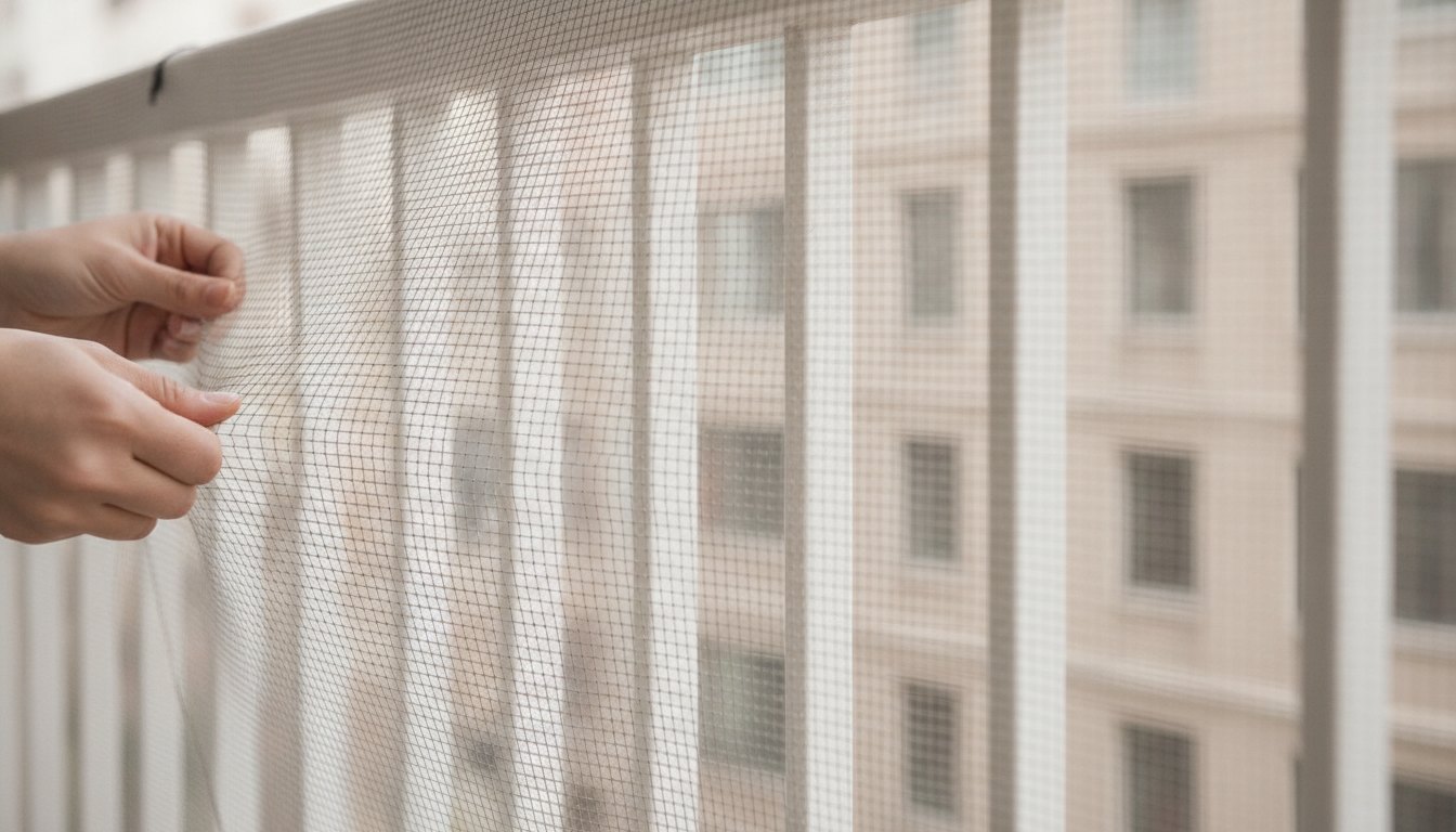 Mãos seguram e inspecionam uma malha de proteção instalada na sacada de um apartamento.
