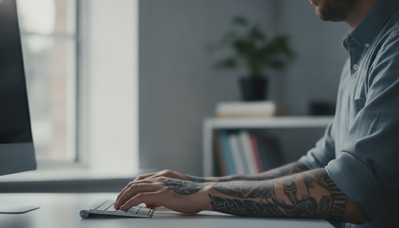 Homem de terno com as mangas dobradas exibindo tatuagens nos braços enquanto digita no computador.