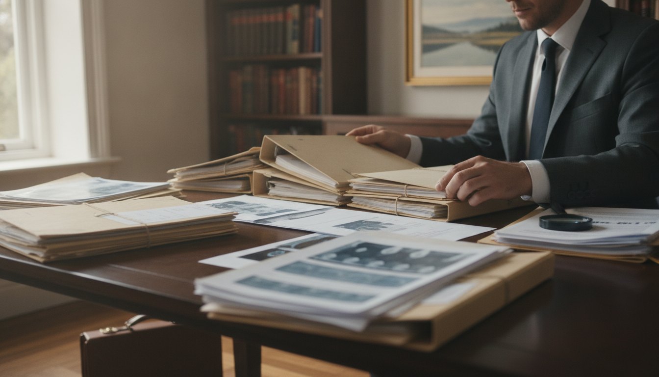 Homem sentado à mesa organizando pastas de documentos e analisando exames médicos impressos.
