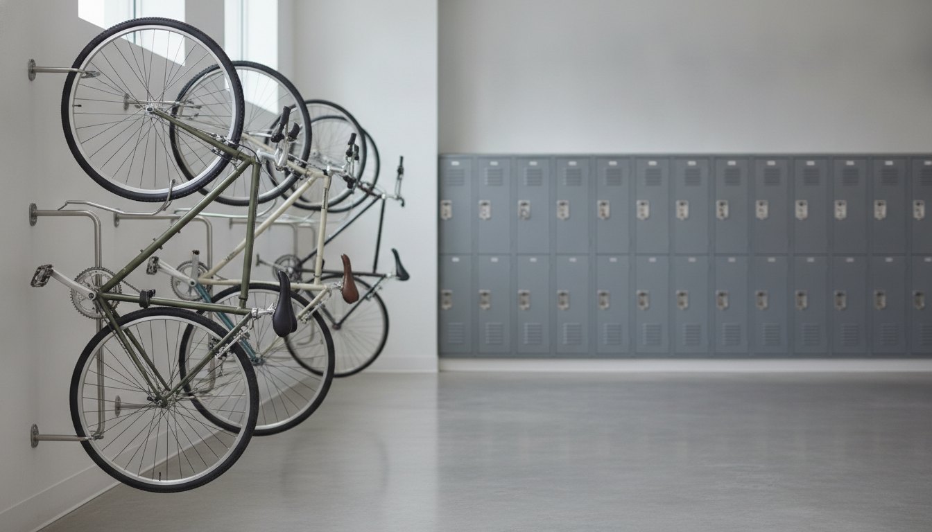 Bicicletas estacionadas em um suporte de parede ao lado de armários de aço em ambiente claro.