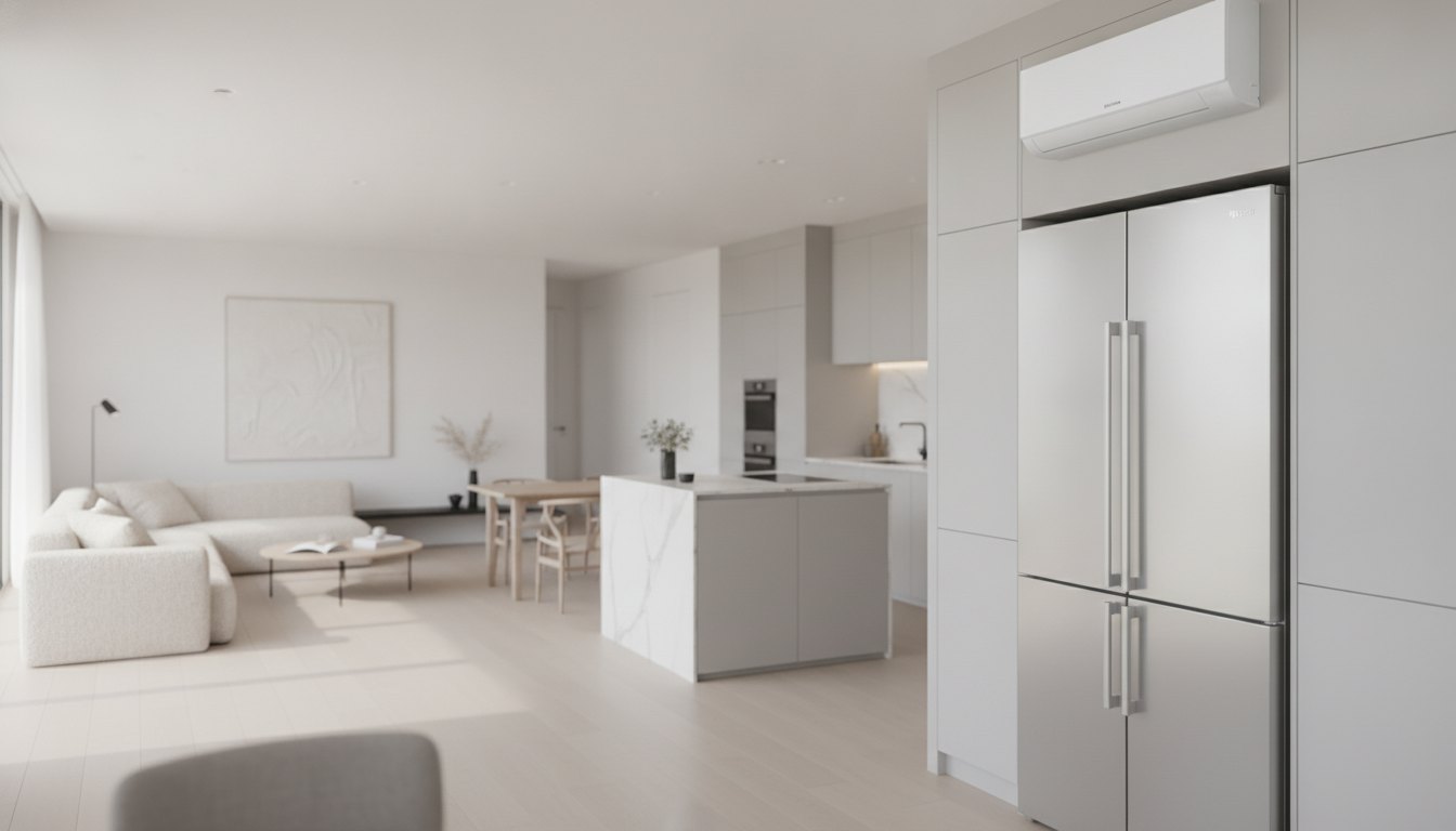 Sala de estar integrada com cozinha moderna contendo geladeira duplex e ar-condicionado split na parede.