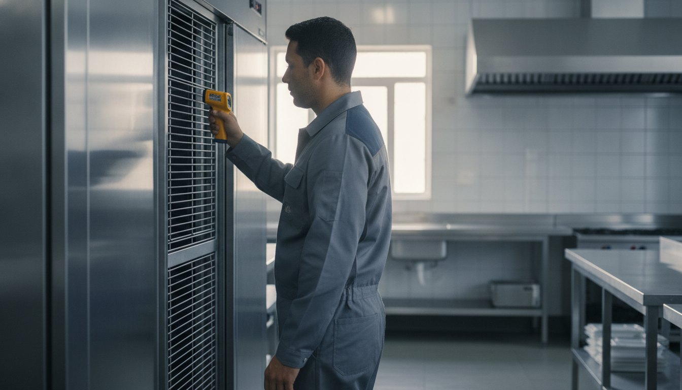 Homem com uniforme técnico mede a temperatura da grade traseira de um refrigerador metálico na cozinha.
