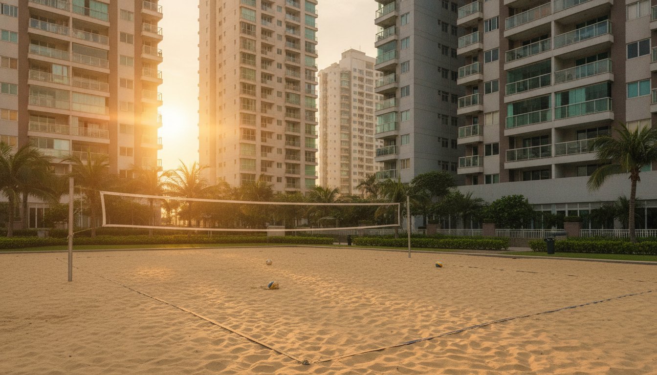 Jogadores em uma quadra de areia cercada por grandes prédios residenciais durante o fim de tarde.