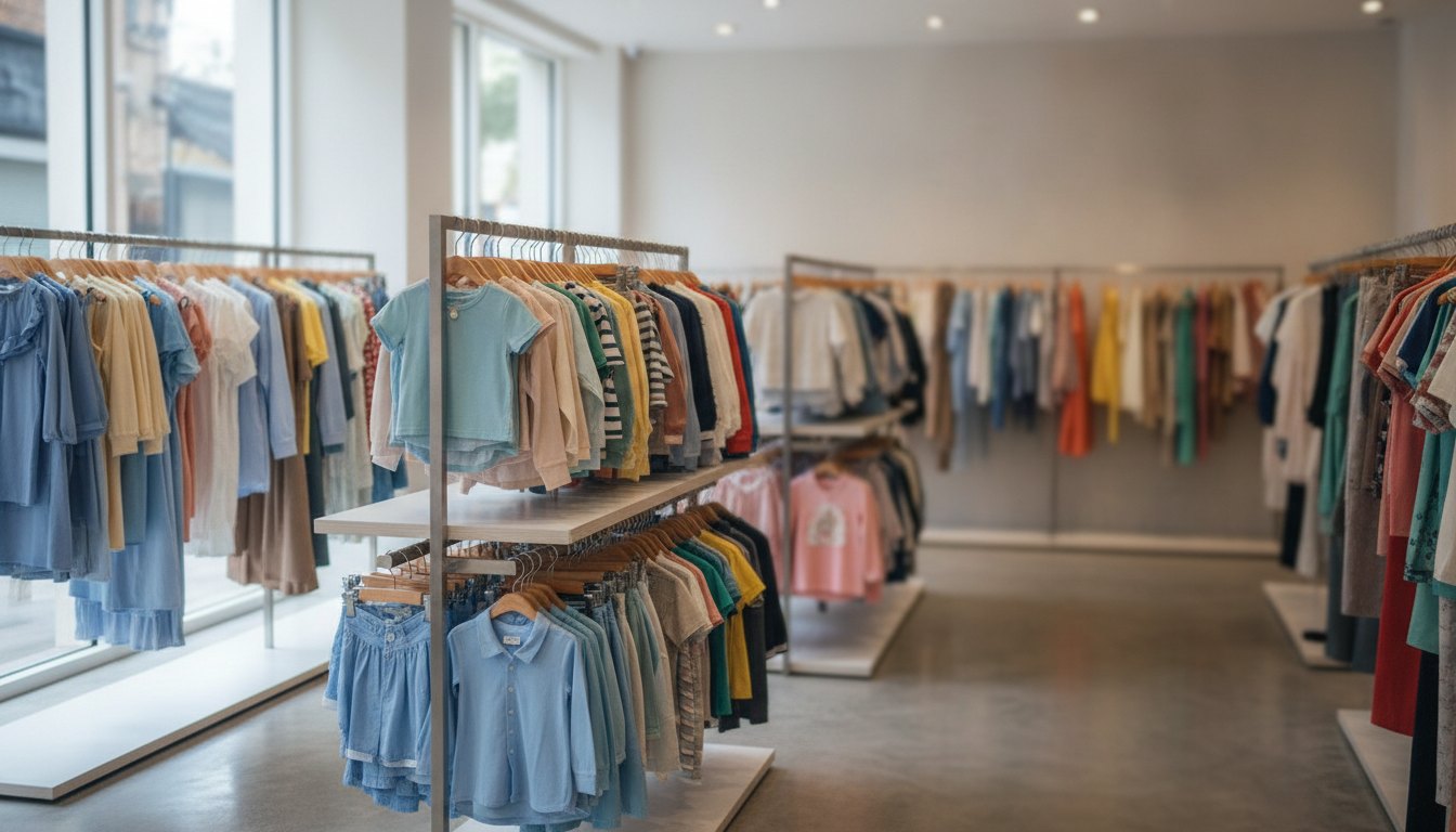 Araras cheias de roupas coloridas organizadas por tamanho no interior de uma loja bem iluminada.