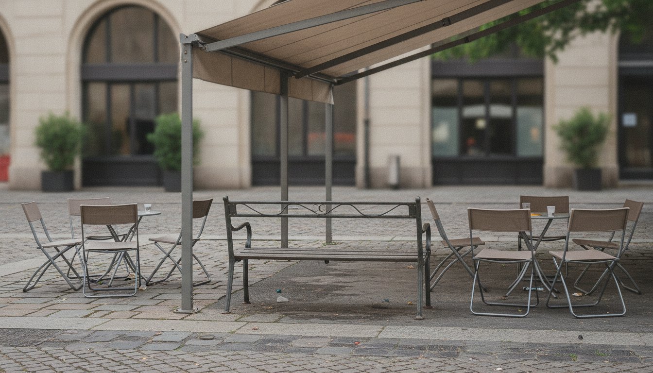 Banca de metal na calçada com toldo levantado, cercada por clientes sentados em cadeiras dobráveis bebendo.