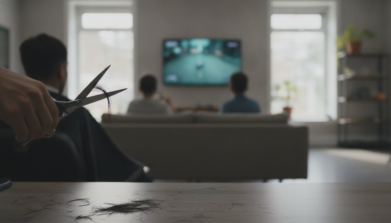 Homem cortando o cabelo em primeiro plano com dois jovens jogando videogame ao fundo.