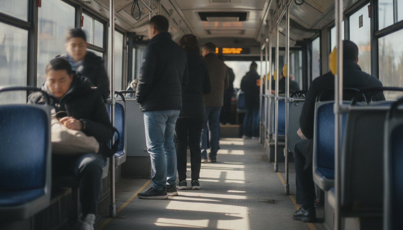 Passageiros sentados e em pé no corredor de um ônibus urbano durante o trajeto diário.
