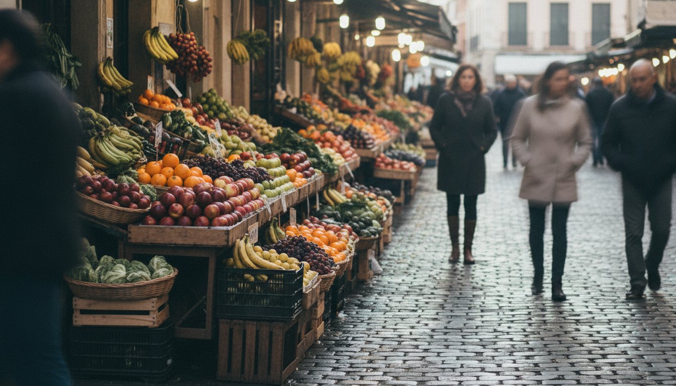 Barracas de frutas e legumes alinhadas na rua com pessoas caminhando e conversando entre elas.