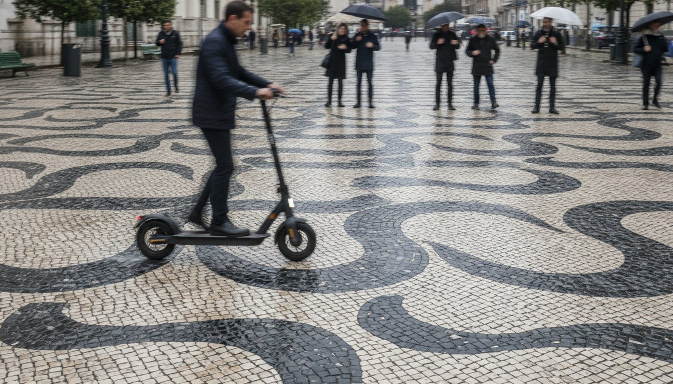 Pedestres desviam de um patinete elétrico em movimento rápido sobre uma calçada larga de pedras portuguesas.