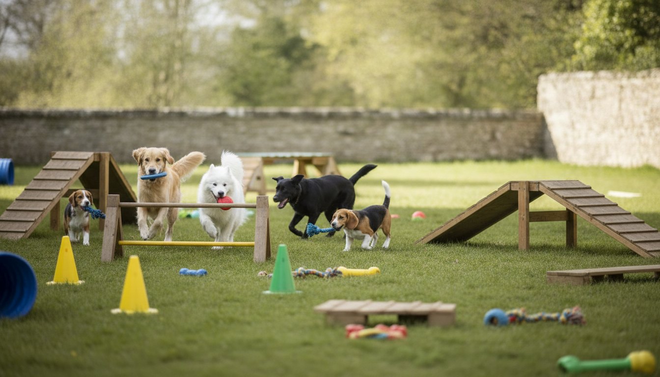 Vários cachorros brincando juntos em um pátio gramado com brinquedos coloridos e obstáculos de madeira.