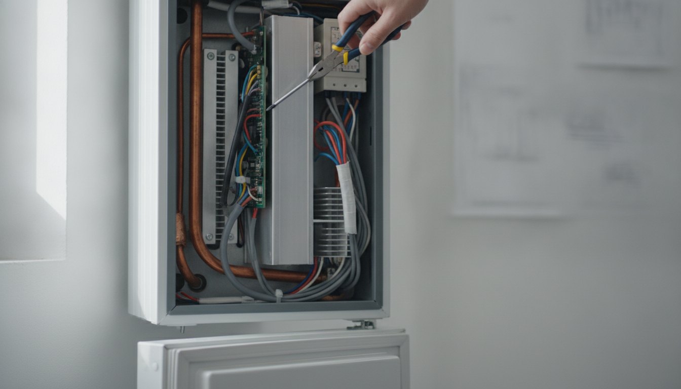 Técnico ajusta fiação interna de um equipamento de parede usando ferramentas manuais em ambiente claro.
