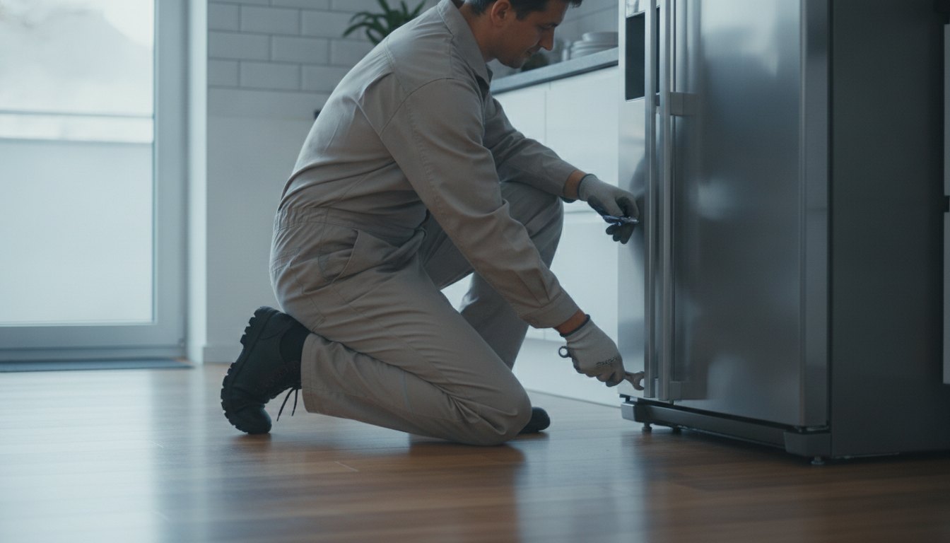 Homem de macacão ajustando os pés niveladores de um refrigerador metálico na cozinha residencial.