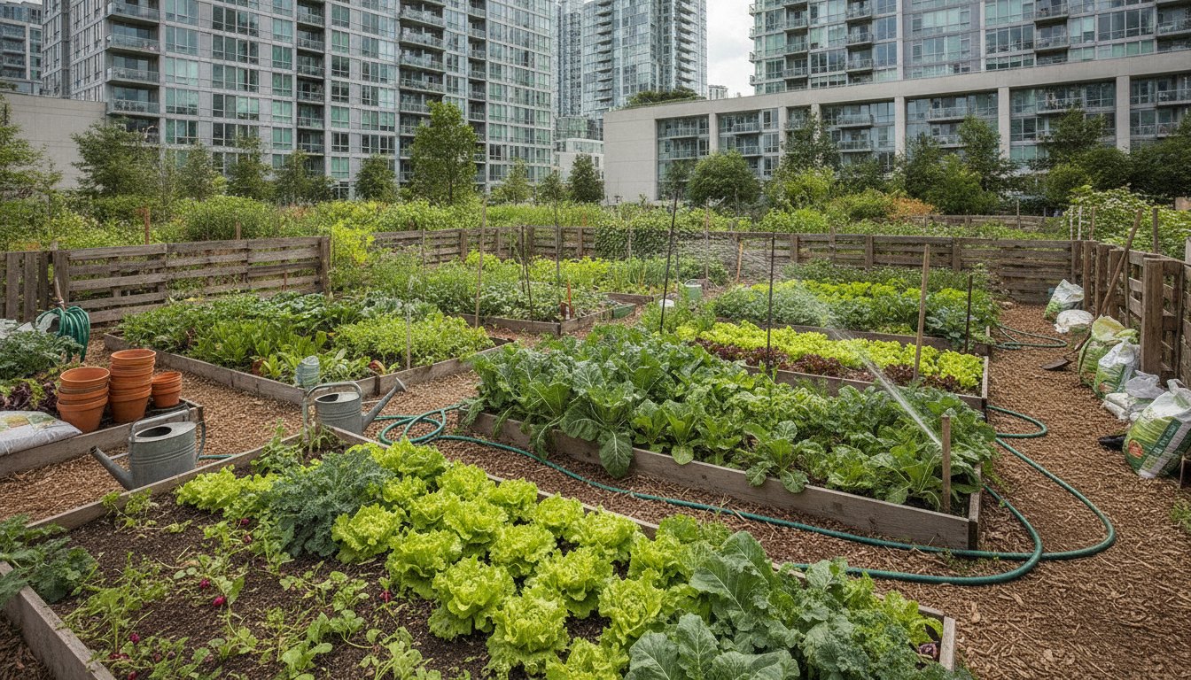 Moradores de diferentes idades cultivando verduras e regando canteiros em um terreno urbano cercado por prédios.