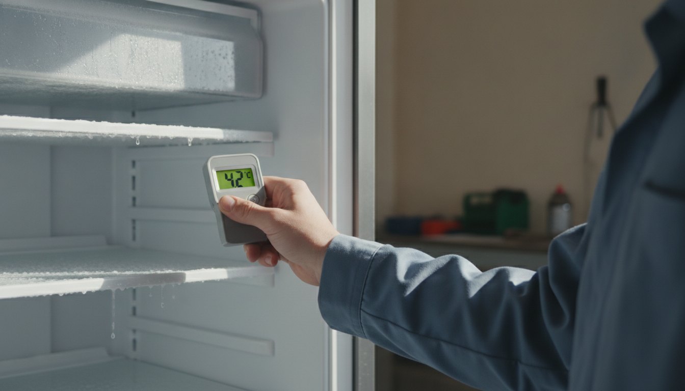 Técnico de uniforme mede a temperatura interna de uma geladeira aberta com um termômetro digital.