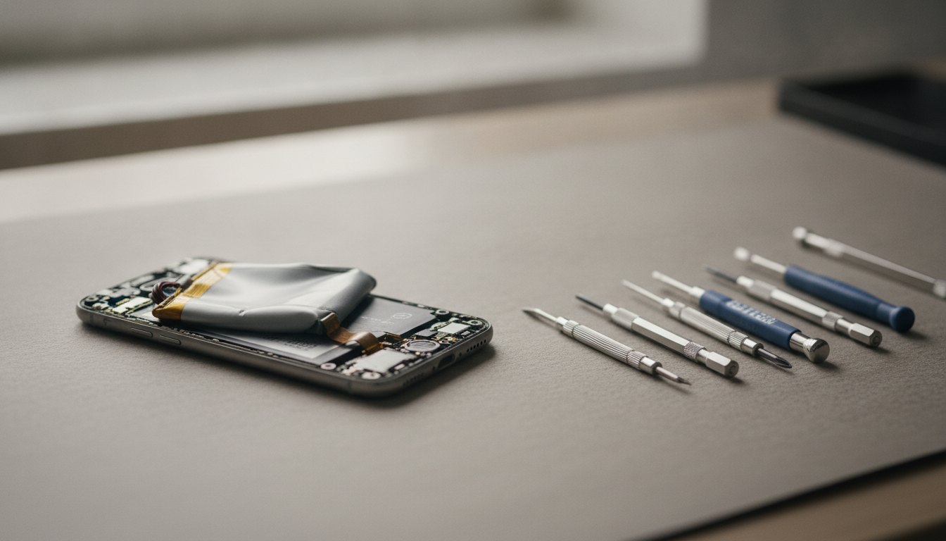 Celular aberto sobre uma bancada com ferramentas de precisão ao lado de uma bateria estufada.