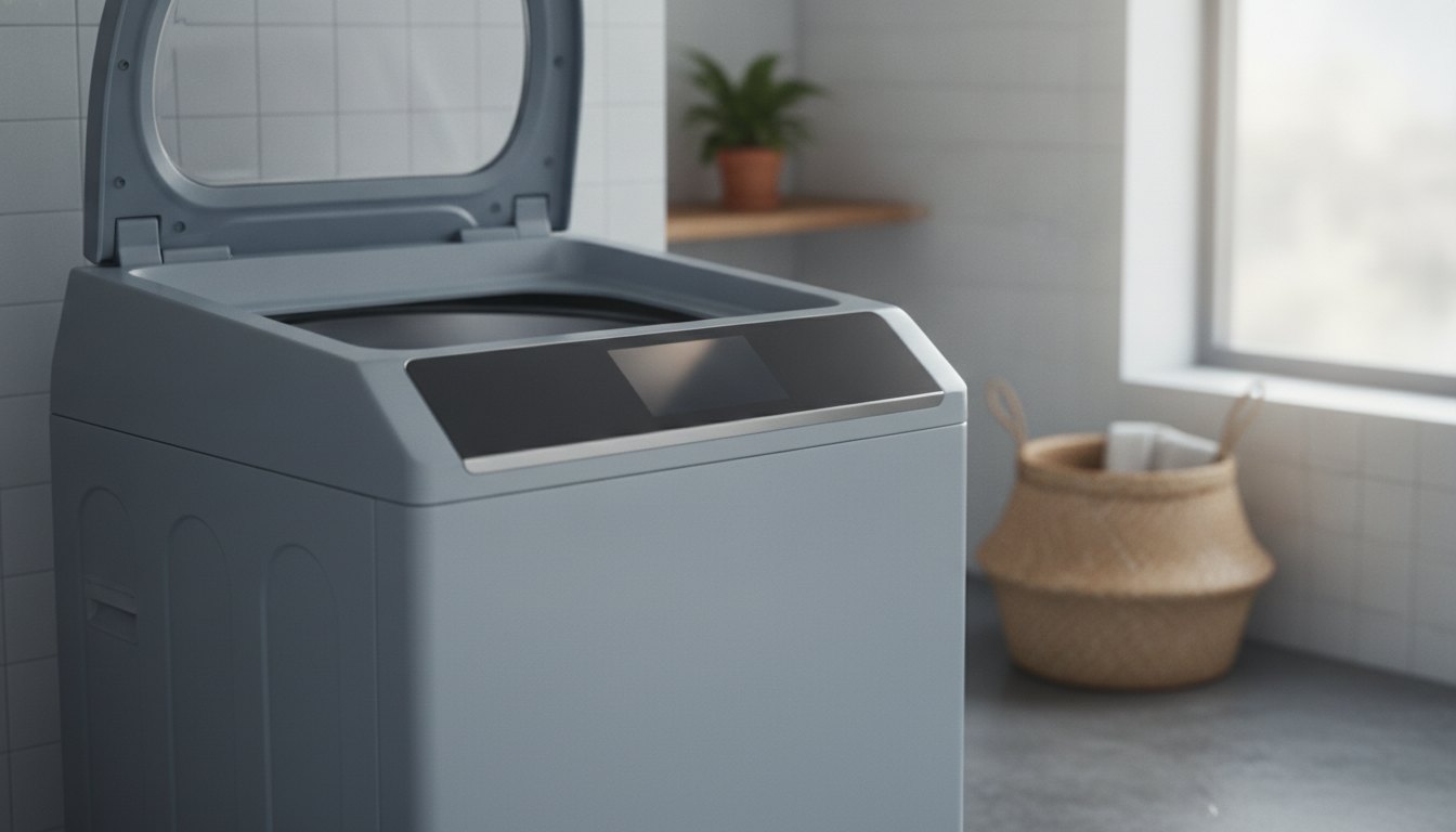 Máquina de lavar roupas com tampa aberta e painel digital em área de serviço.