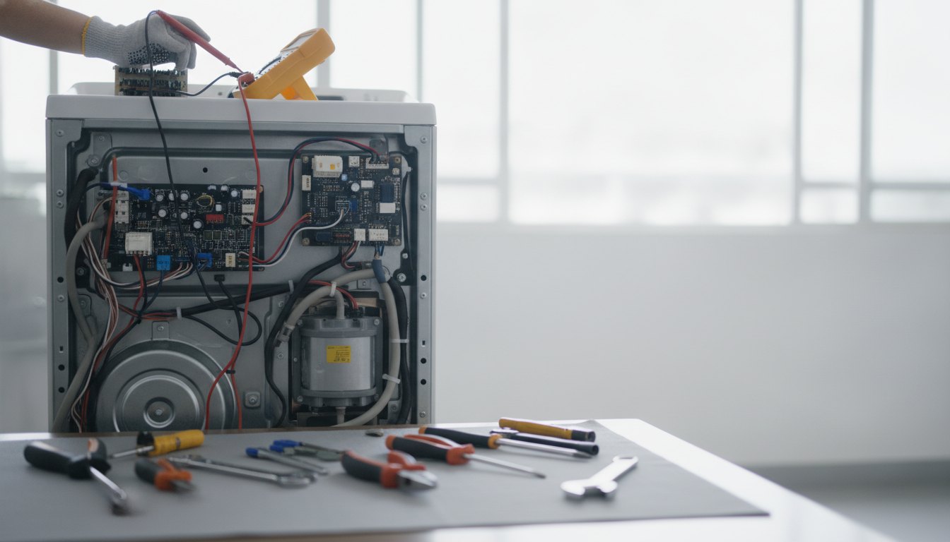 Técnico com ferramentas analisando o painel traseiro de uma máquina de lavar roupas aberta.