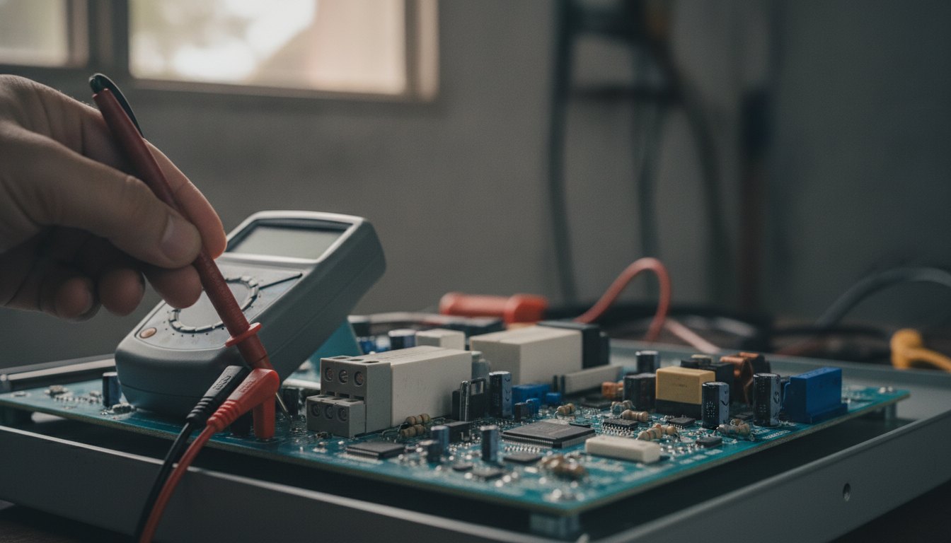 Técnico utilizando multímetro para medir a tensão na placa eletrônica de um aparelho de ar condicionado.