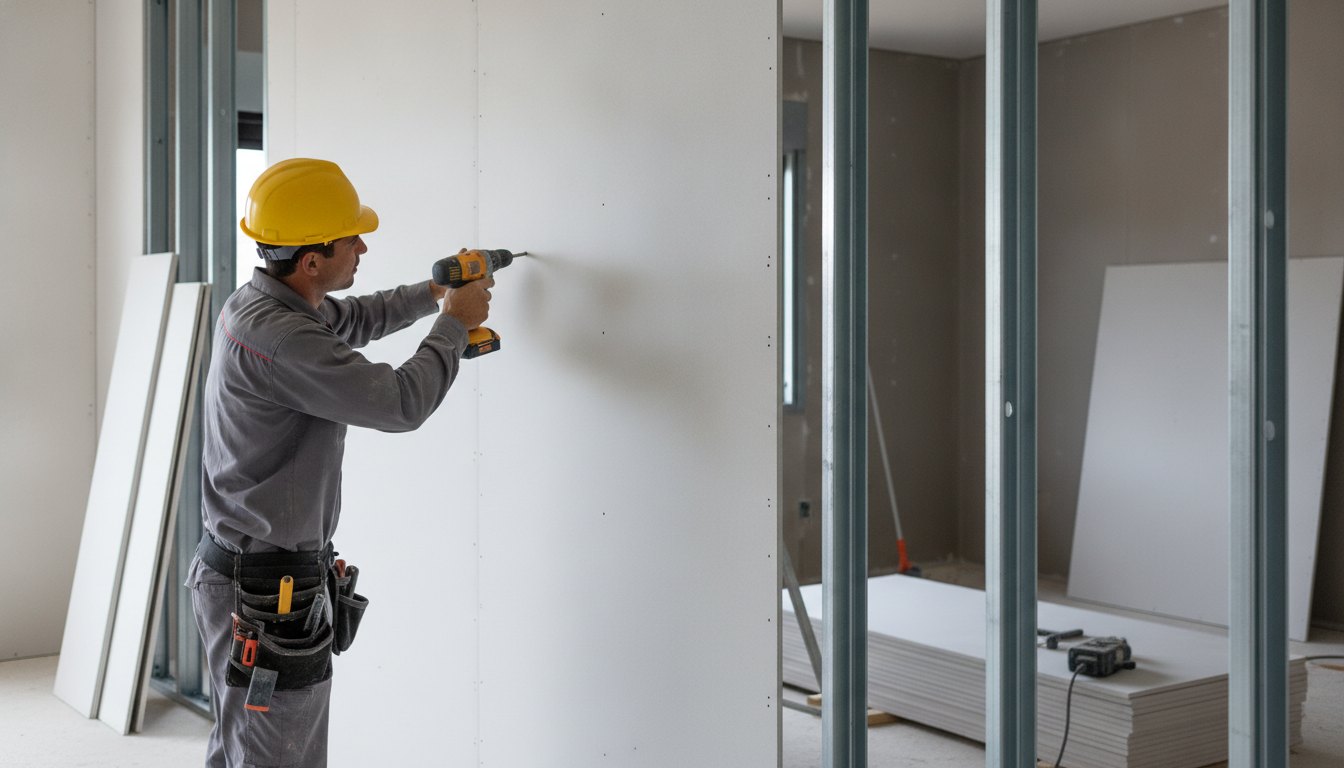Operário de capacete ajustando placa de gesso acartonado em estrutura metálica de divisória interna residencial.