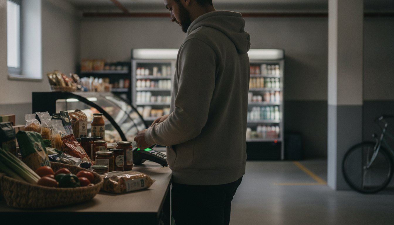 Morador passa produtos no leitor de código de barras de minimercado em garagem de prédio.