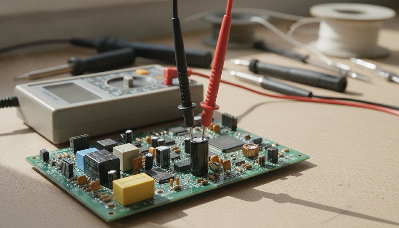 Técnico utilizando multímetro digital para testar componentes de uma placa de circuito impresso verde.