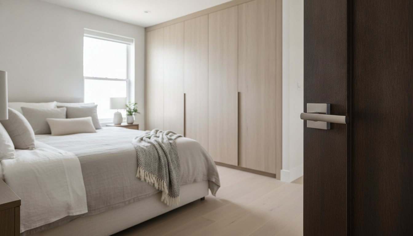 Quarto recém-reformado com cama, armário embutido e porta de madeira com fechadura nova.