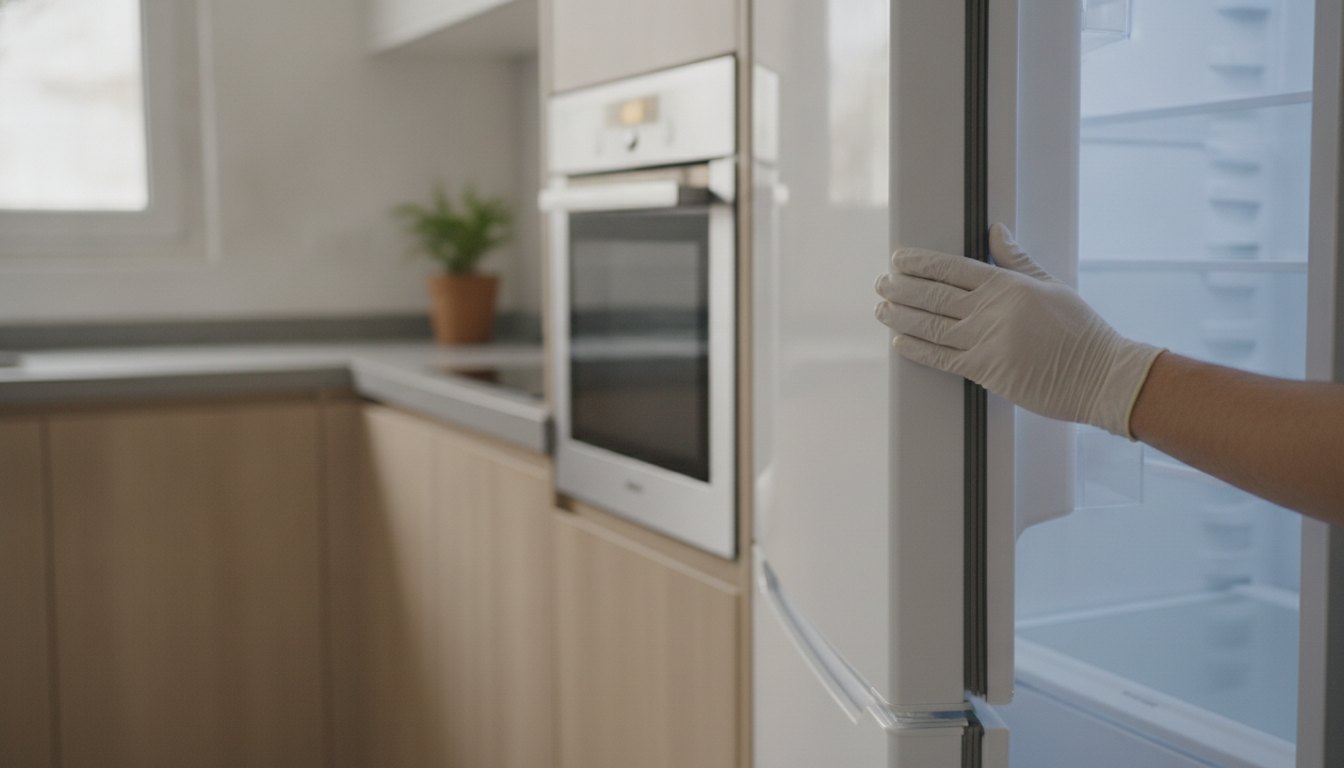 Técnico ajustando a borracha de vedação da porta de uma geladeira branca em uma cozinha.