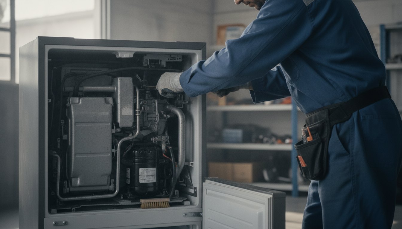 Técnico com uniforme de trabalho inspecionando o motor na parte traseira de um refrigerador doméstico.