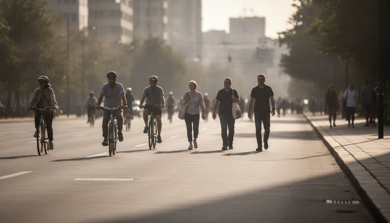 Pessoas caminhando e andando de bicicleta em uma ampla avenida asfaltada sem carros sob sol.