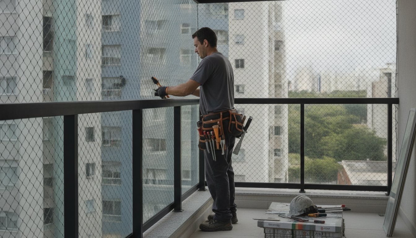 Operário ajustando trilhos de vidro em uma varanda de apartamento com tela de segurança instalada.
