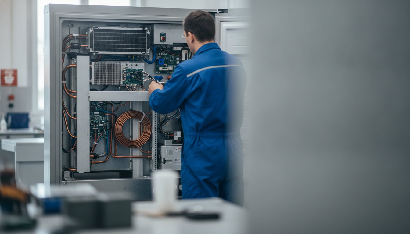 Técnico de uniforme azul analisando a parte interna de um equipamento de refrigeração aberto.