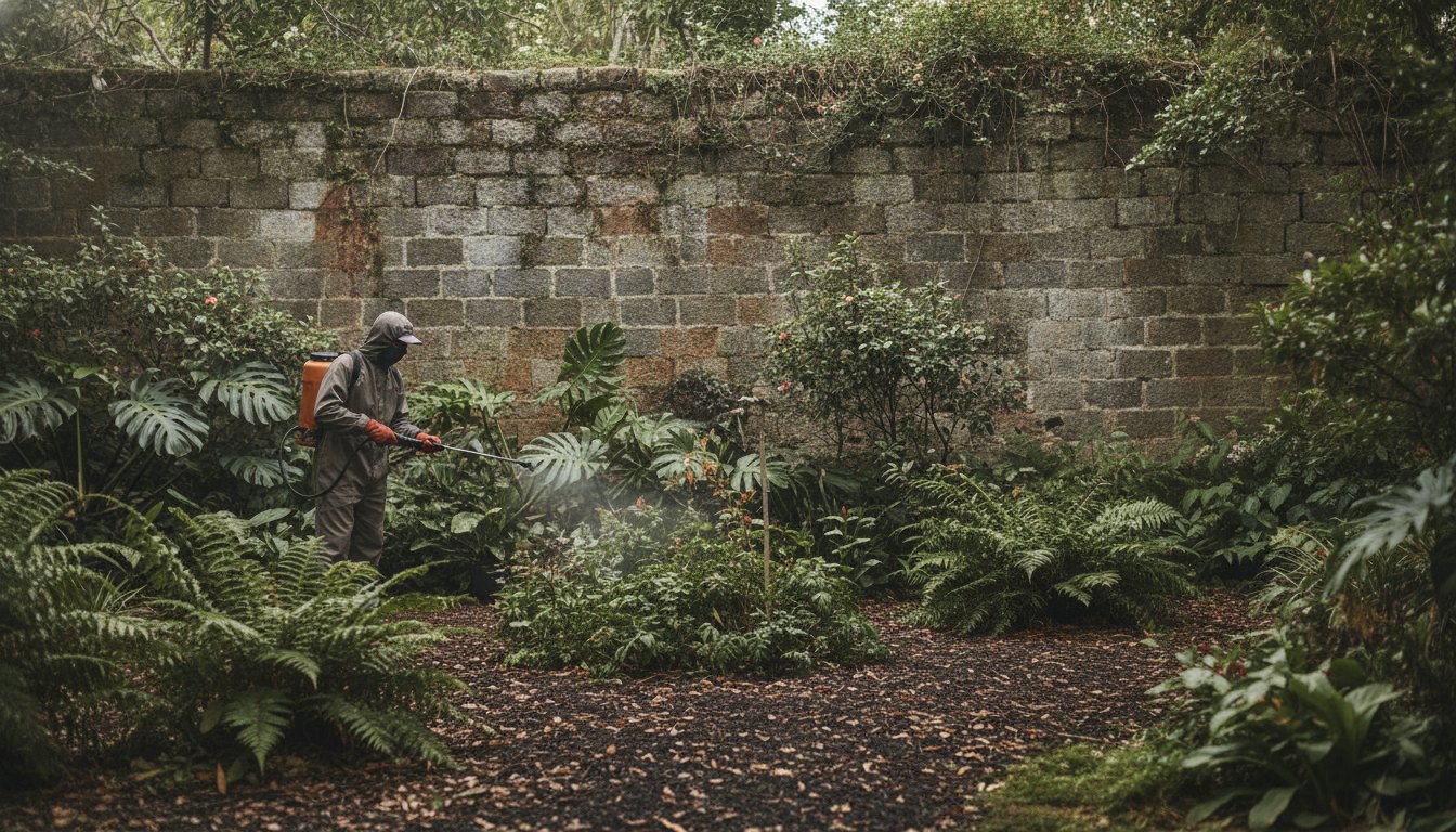 Profissional usando equipamento de pulverização em um jardim com folhagens densas e muro de alvenaria.