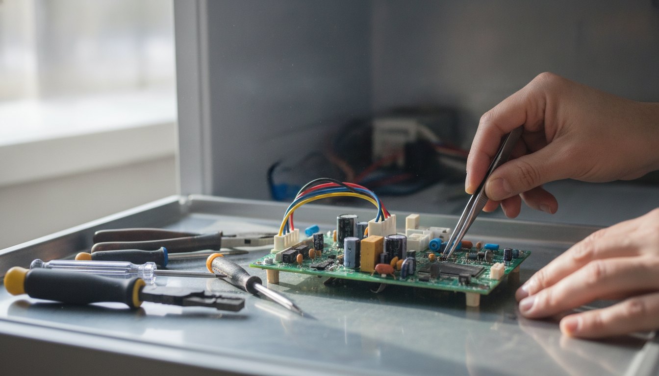 Técnico de manutenção utilizando ferramentas manuais para consertar o circuito interno de um aparelho doméstico.