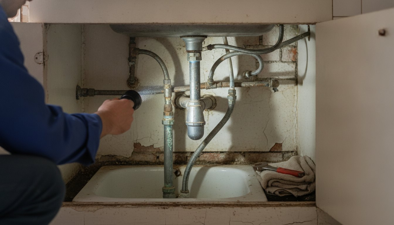Profissional com lanterna inspecionando tubos de água debaixo de uma pia em apartamento antigo.