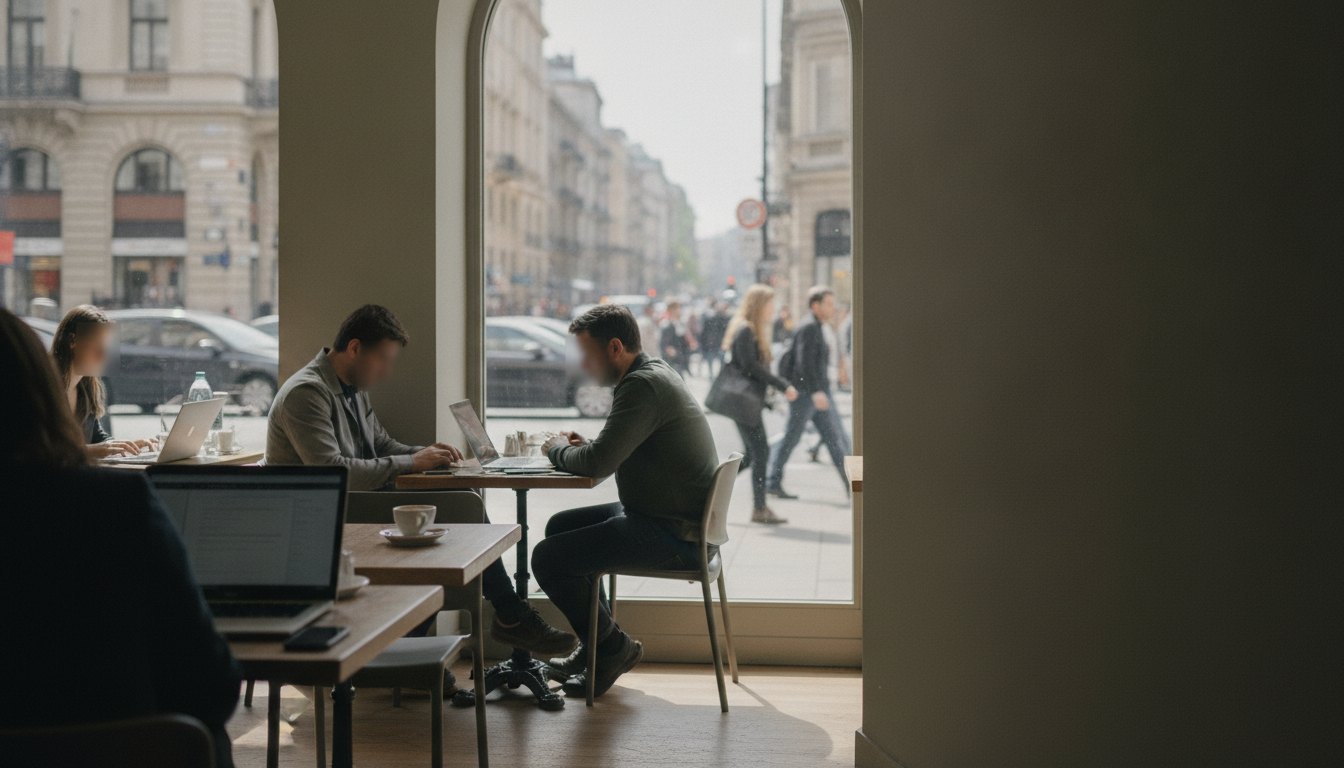 Pessoas sentadas com notebooks nas mesas de uma cafeteria com vista para uma calçada movimentada.