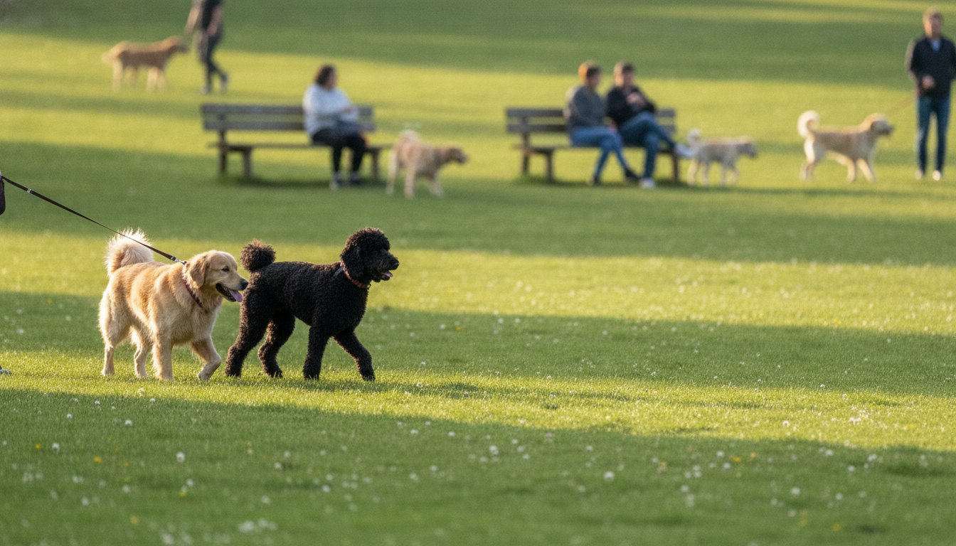 Pessoas sentadas em bancos de madeira e caminhando pela grama enquanto passeiam com seus cachorros.
