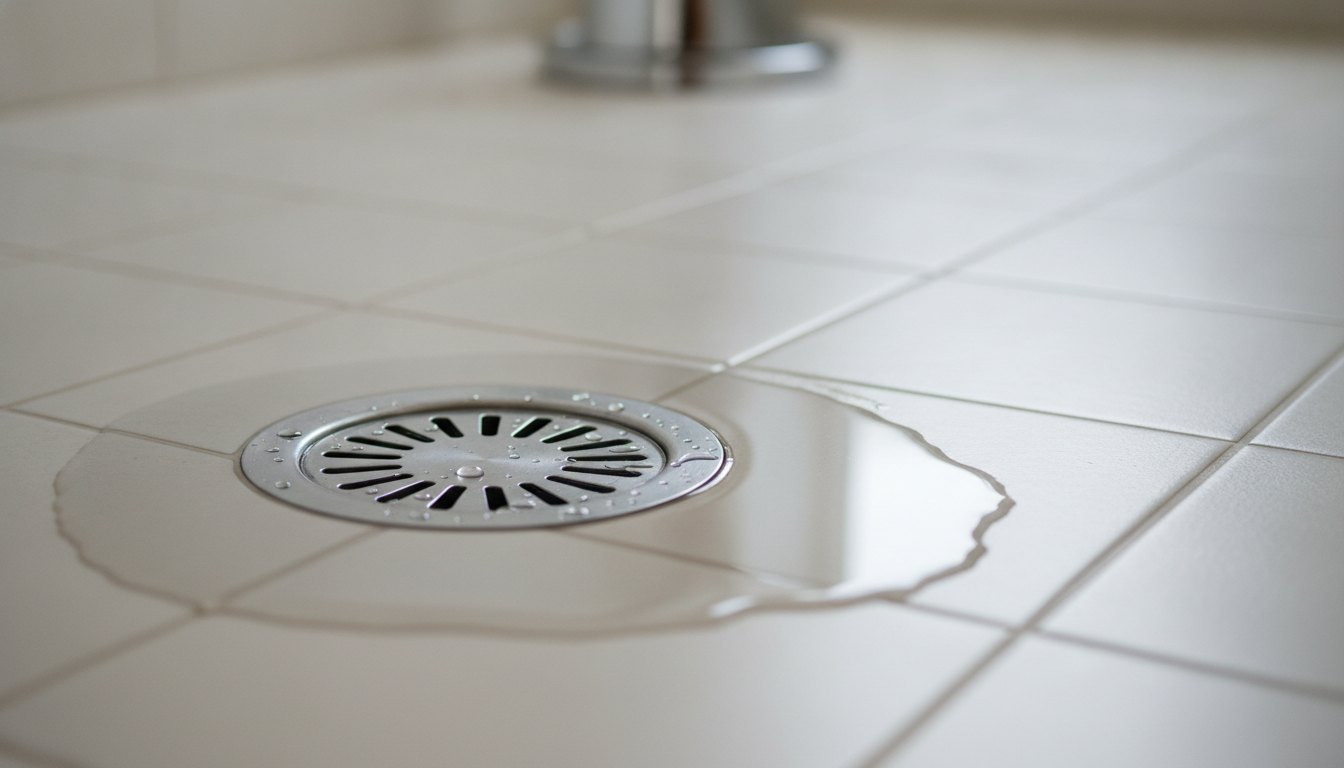 Ralo de piso metálico com água acumulada ao redor em um banheiro com azulejos claros.