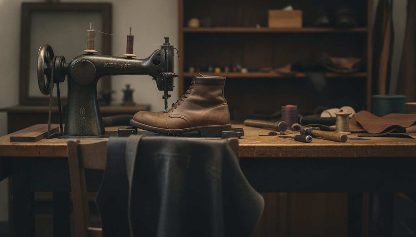 Homem com avental escuro manuseando uma bota de couro em uma máquina de costura antiga.