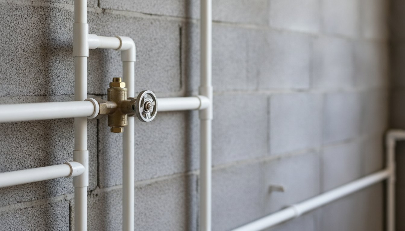 Válvula de metal conectada a tubulações de PVC branco em uma parede de alvenaria.
