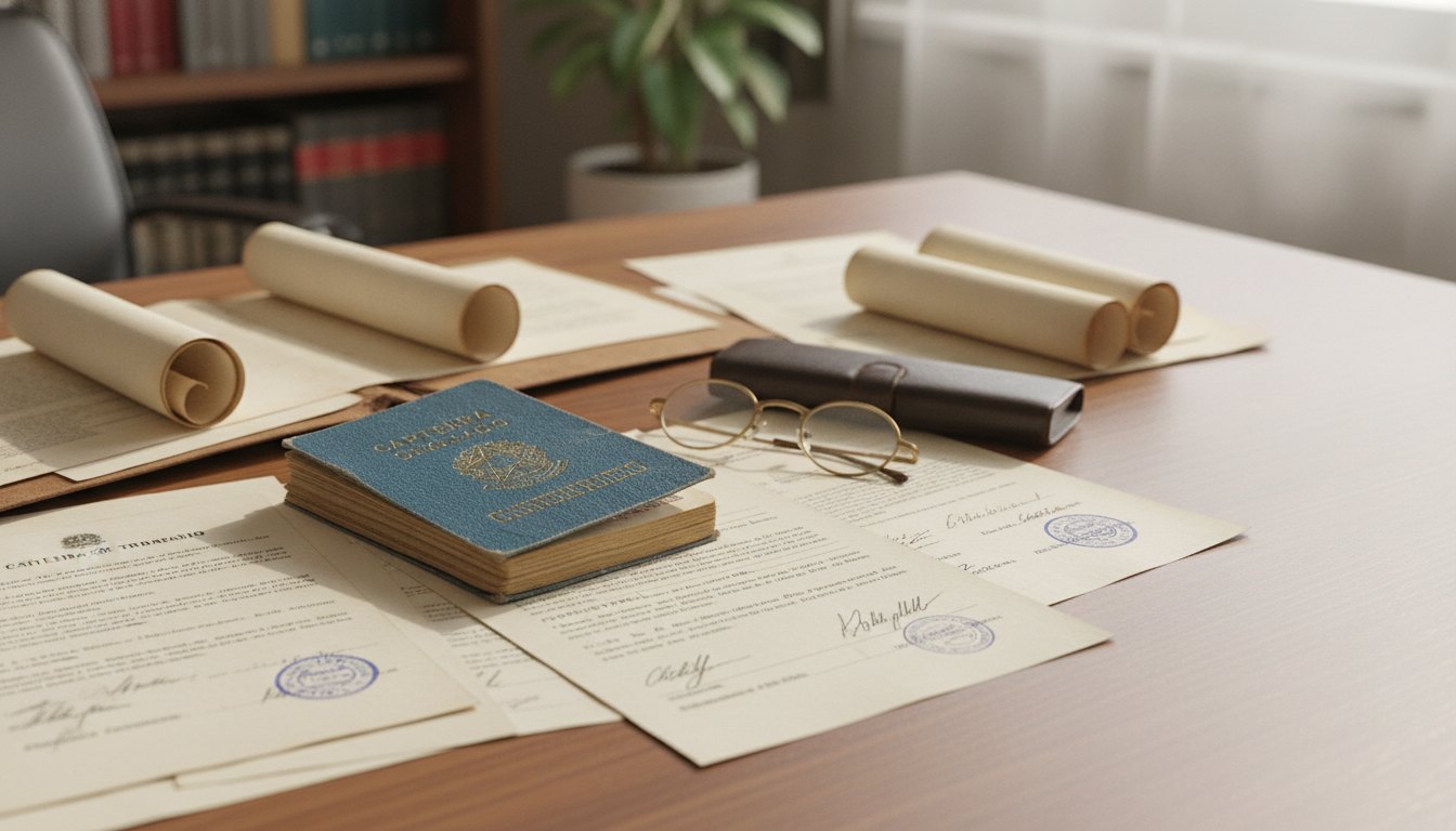 Pessoa manuseando documentos antigos e carteira de trabalho sobre uma mesa de escritório.