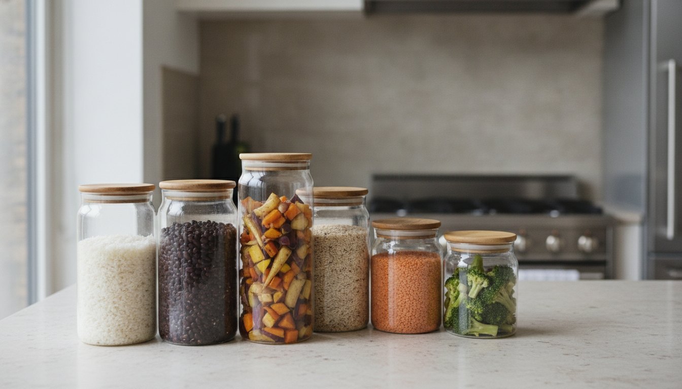 Potes de vidro organizados sobre uma bancada de cozinha com porções de arroz, feijão e legumes