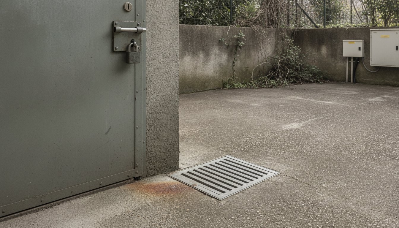 Porta de serviço de metal com fechadura reforçada ao lado de um ralo de quintal.