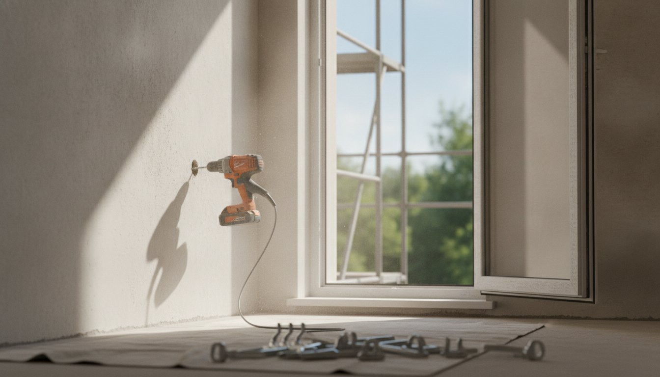Profissional utilizando furadeira em parede próxima a uma janela para instalar ganchos metálicos de fixação.