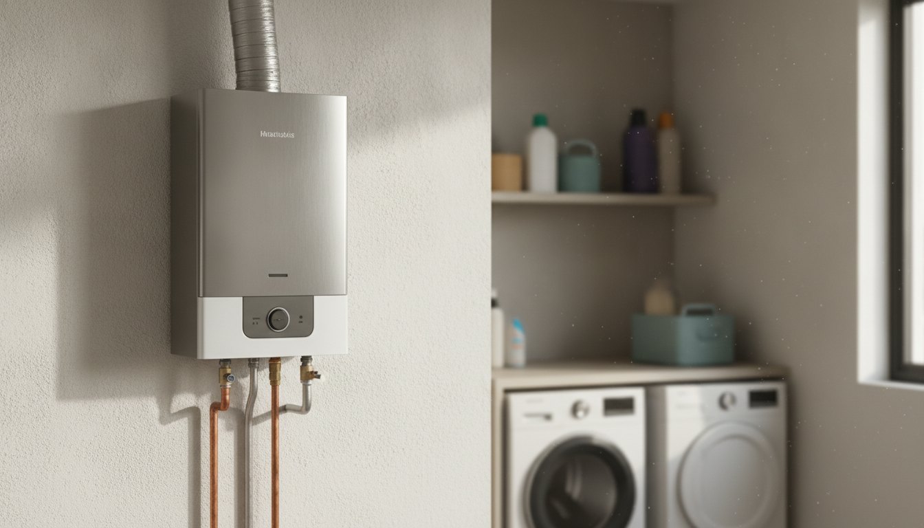 Aquecedor a gás instalado na parede de uma área de serviço residencial.