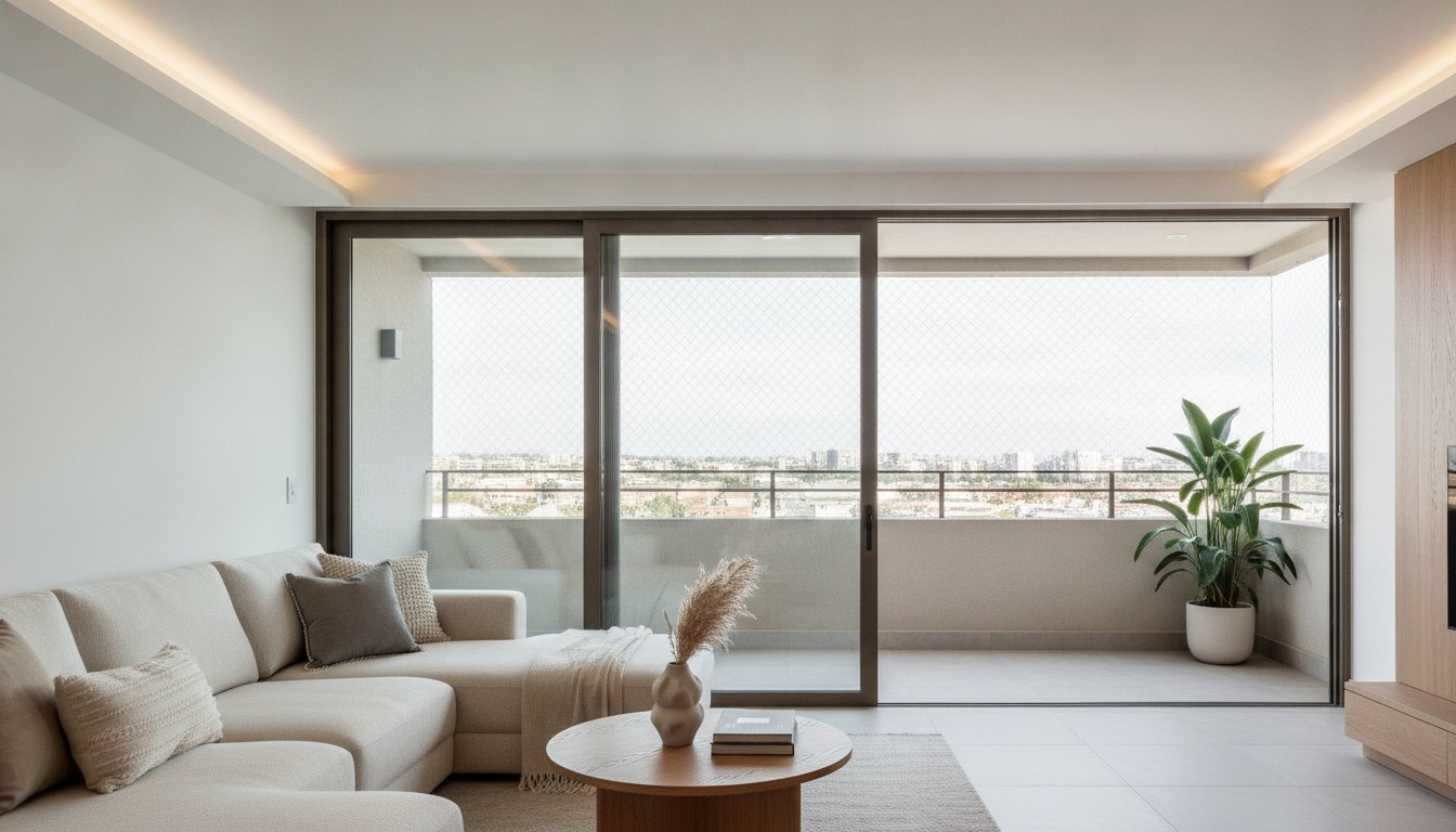 Sala de apartamento recém-reformada com teto rebaixado e varanda ampla isolada por malha de proteção.