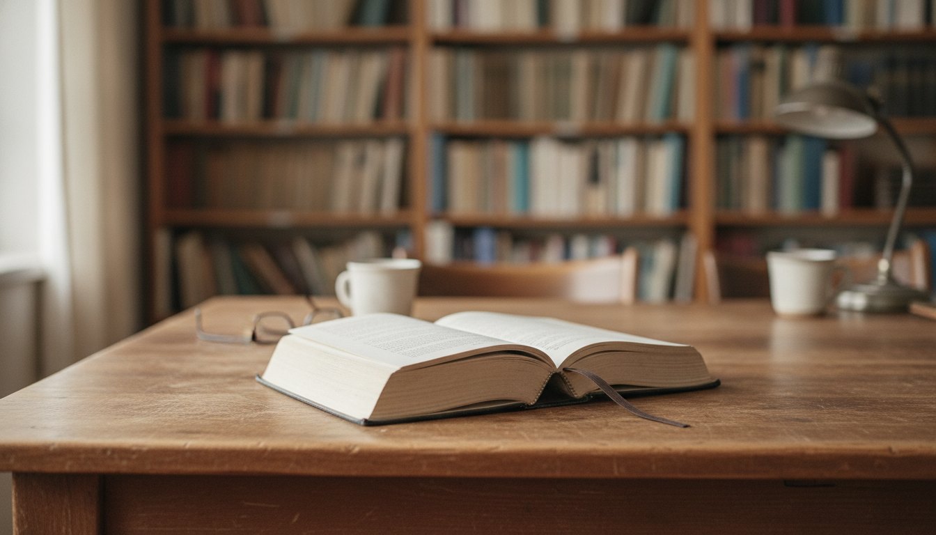 Estudante sentado em mesa de madeira lendo livro grosso com estantes ao fundo desfocadas.