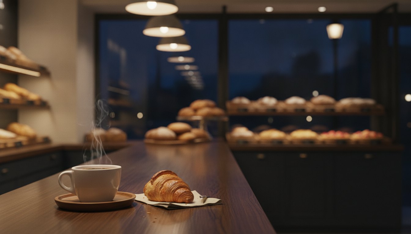 Trabalhador noturno tomando café no balcão iluminado de uma padaria aberta durante a madrugada escura.