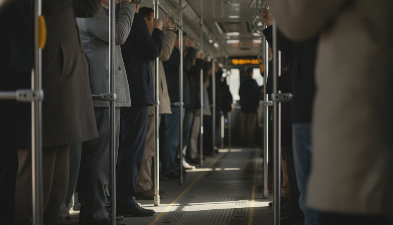 Passageiros em pé no corredor de um ônibus lotado segurando as barras de apoio.