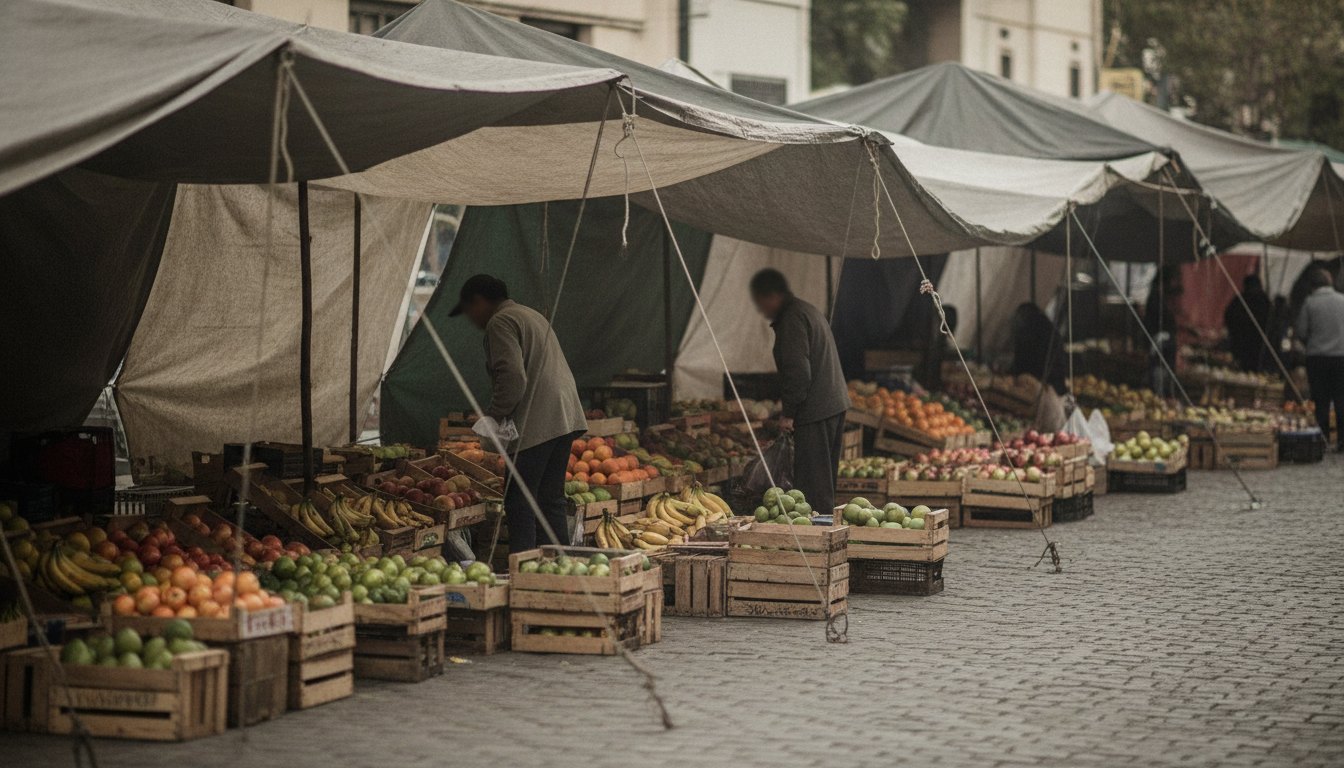 Barracas de lona montadas na rua com pessoas caminhando e escolhendo frutas em caixas de madeira.