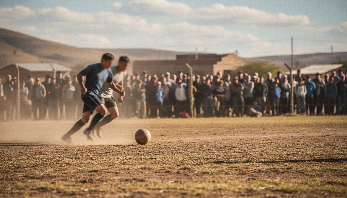 Jogadores disputam a bola em campo de terra cercado por torcedores na beira do alambrado.